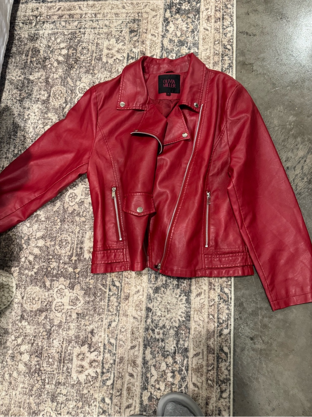 Olivia Miller Red Faux Leather Asymmetrical Moto Jacket